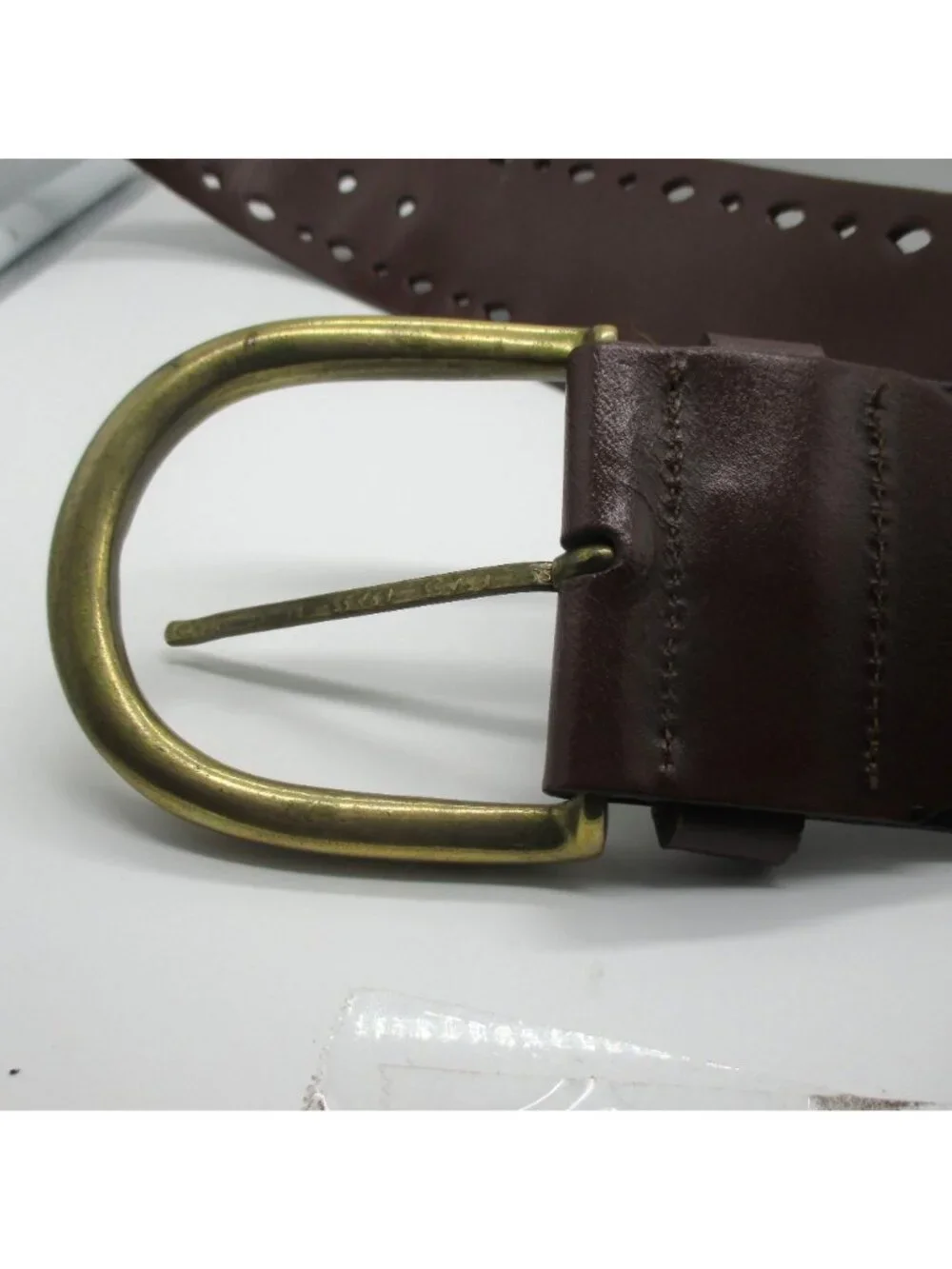 Linea Pelle Leather Belt With Brass Buckle & Cutout Design Brown Small Designer